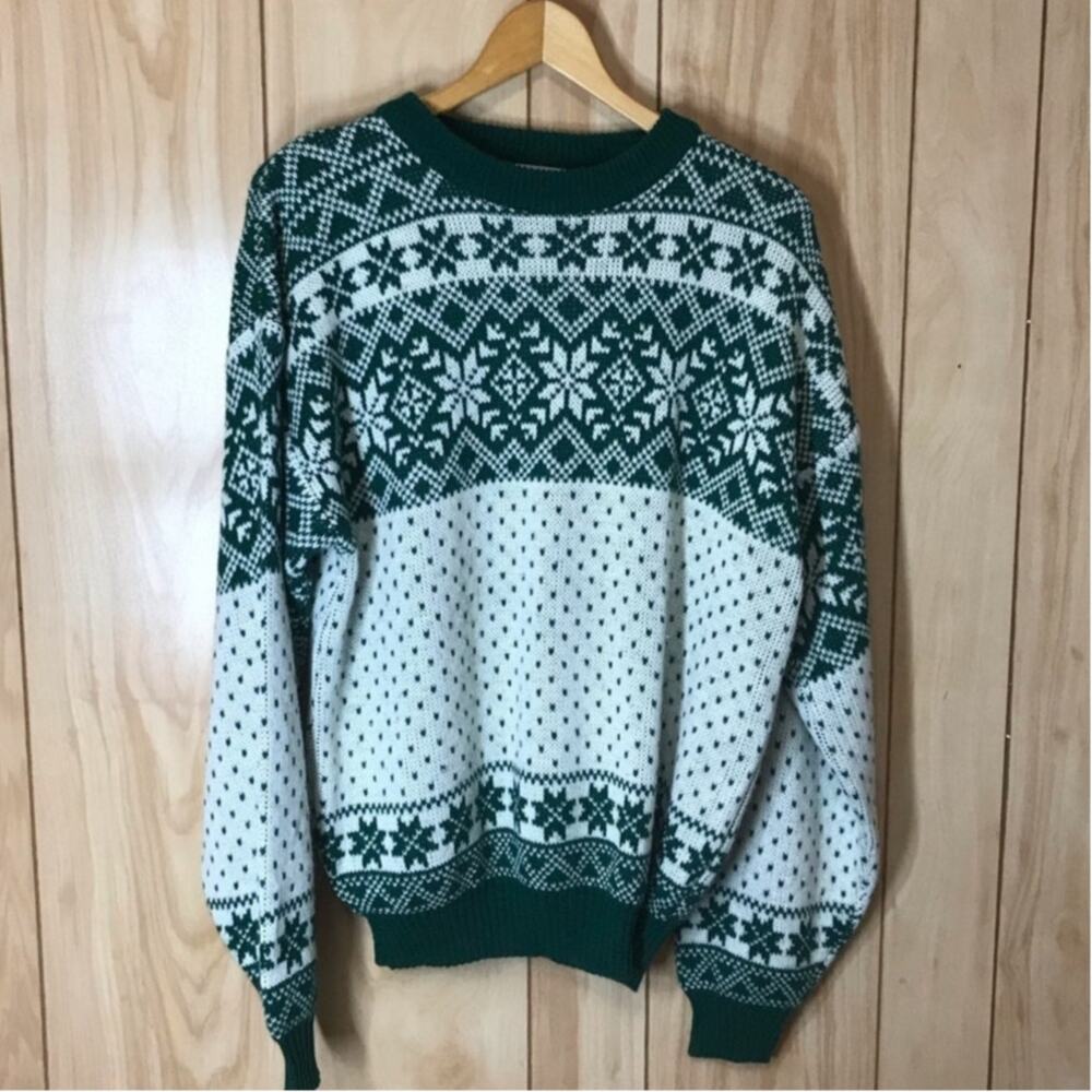 Vtg Puritan Fair Isle Snowflake Sweater L 80s Green White Acrylic Pullover M